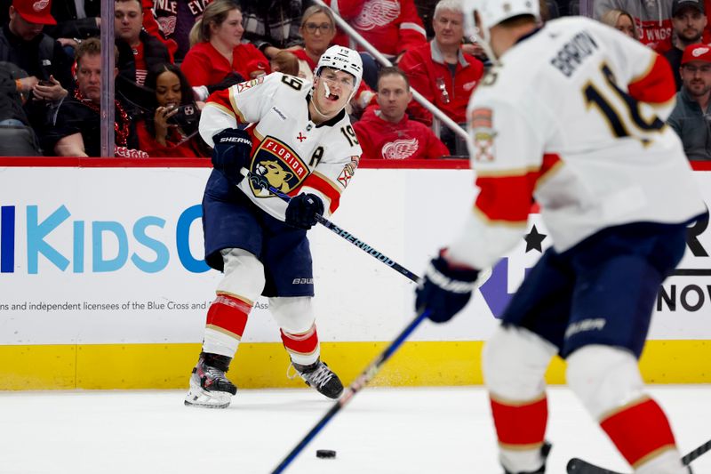 Mar 2, 2024; Detroit, Michigan, USA; Florida Panthers left wing Matthew Tkachuk (19) passes in the third period against the Detroit Red Wings at Little Caesars Arena. Mandatory Credit: Rick Osentoski-USA TODAY Sports