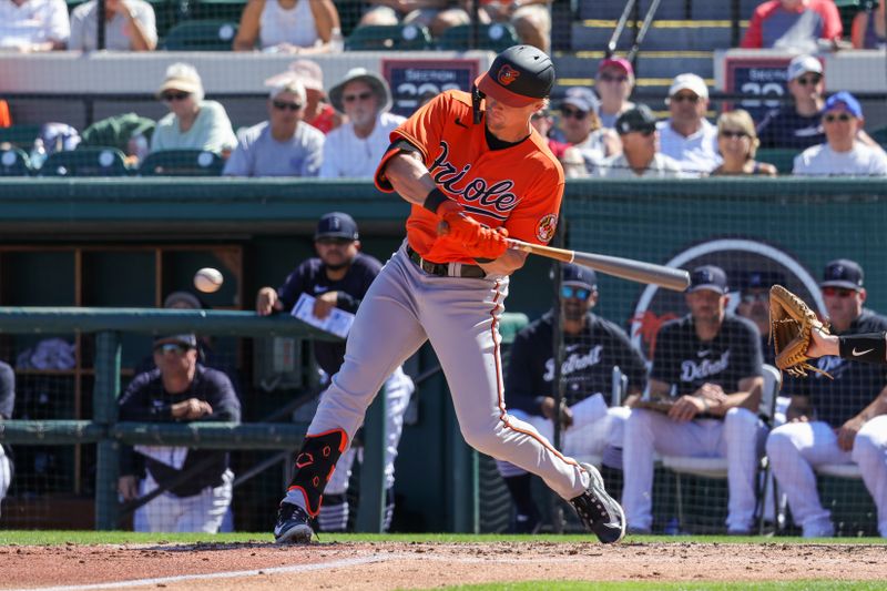 Feb 26, 2023; Lakeland, Florida, USA; Baltimore Orioles left fielder Kyle Stowers (83) at bat during the fourth inning against the Detroit Tigers at Publix Field at Joker Marchant Stadium. Mandatory Credit: Mike Watters-USA TODAY Sports