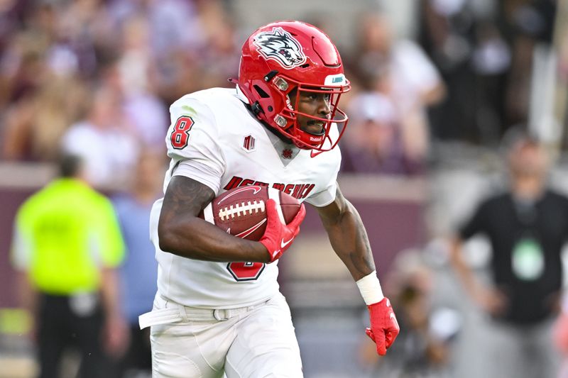 Sep 2, 2023; College Station, Texas, USA; New Mexico Lobos wide receiver Jeremiah Hixon (8) runs the ball during the second quarter against the Texas A&M Aggies at Kyle Field. Mandatory Credit: Maria Lysaker-USA TODAY Sports