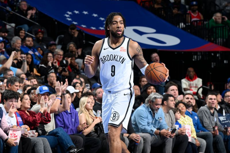 PHILADELPHIA, PA - NOVEMBER 22: Trendon Watford #9 of the Brooklyn Nets dribbles the ball during the game against the Philadelphia 76ers during the Emirates NBA Cup game on November 22, 2024 at the Wells Fargo Center in Philadelphia, Pennsylvania NOTE TO USER: User expressly acknowledges and agrees that, by downloading and/or using this Photograph, user is consenting to the terms and conditions of the Getty Images License Agreement. Mandatory Copyright Notice: Copyright 2024 NBAE (Photo by David Dow/NBAE via Getty Images)