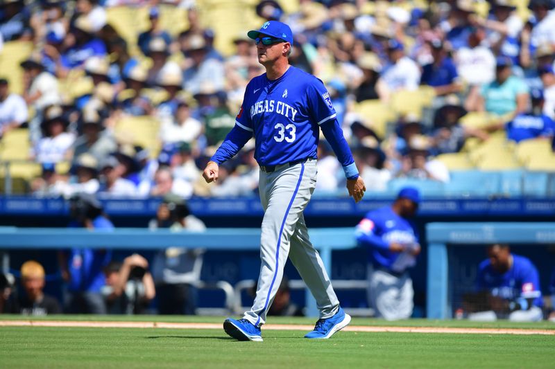 Jun 16, 2024; Los Angeles, California, USA; Kansas City Royals manager Matt Quatraro (33) comes out during a pitching change in the eighth inning at Dodger Stadium. Mandatory Credit: Gary A. Vasquez-USA TODAY Sports