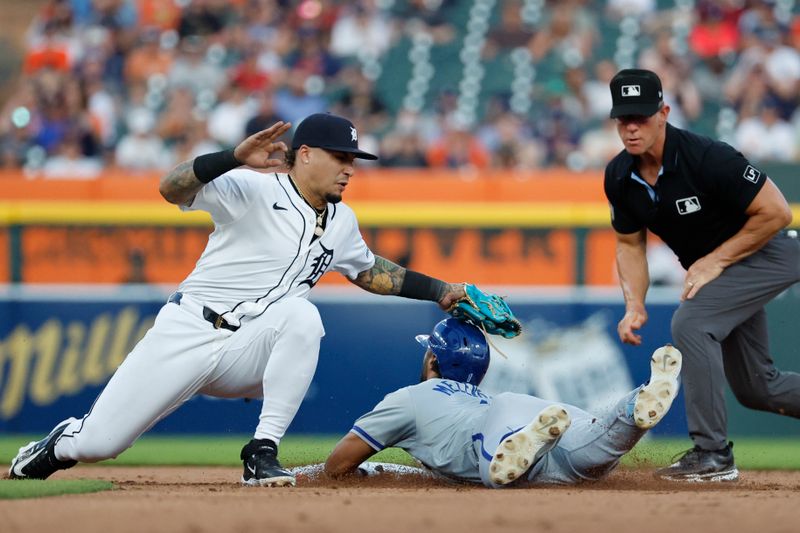 Aug 3, 2024; Detroit, Michigan, USA;  Kansas City Royals outfielder MJ Melendez (1) is tagged out by Detroit Tigers third baseman Matt Vierling (8) as he tries to stretch a single in the seventh inning against the Detroit Tigers at  Comerica Park. Mandatory Credit: Rick Osentoski-USA TODAY Sports