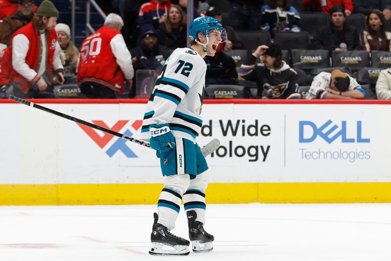 Dec 3, 2024; Washington, District of Columbia, USA; San Jose Sharks left wing William Eklund (72) celebrates after scoring the game-winning goal against the Washington Capitals in overtime at Capital One Arena. Mandatory Credit: Geoff Burke-Imagn Images