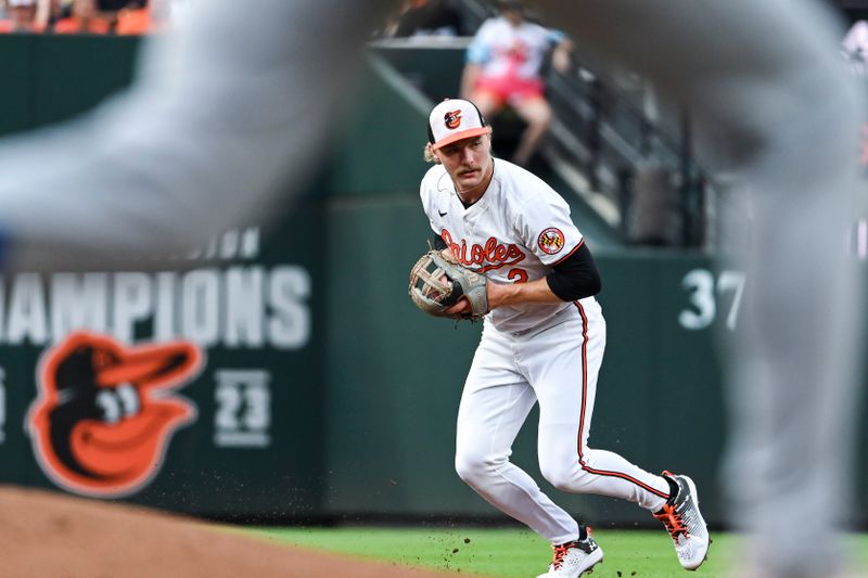 Jul 11, 2024; Baltimore, Maryland, USA; Baltimore Orioles shortstop Gunnar Henderson (2) fields a run Chicago Cubs third baseman Christopher Morel (5) second inning groundball  at Oriole Park at Camden Yards. Mandatory Credit: Tommy Gilligan-USA TODAY Sports