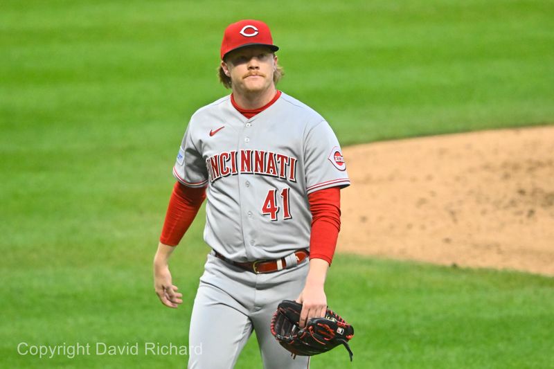 Sep 27, 2023; Cleveland, Ohio, USA; Cincinnati Reds starting pitcher Andrew Abbott (41) walks off the field during a pitching change in the third inning against the Cleveland Guardians at Progressive Field. Mandatory Credit: David Richard-USA TODAY Sports