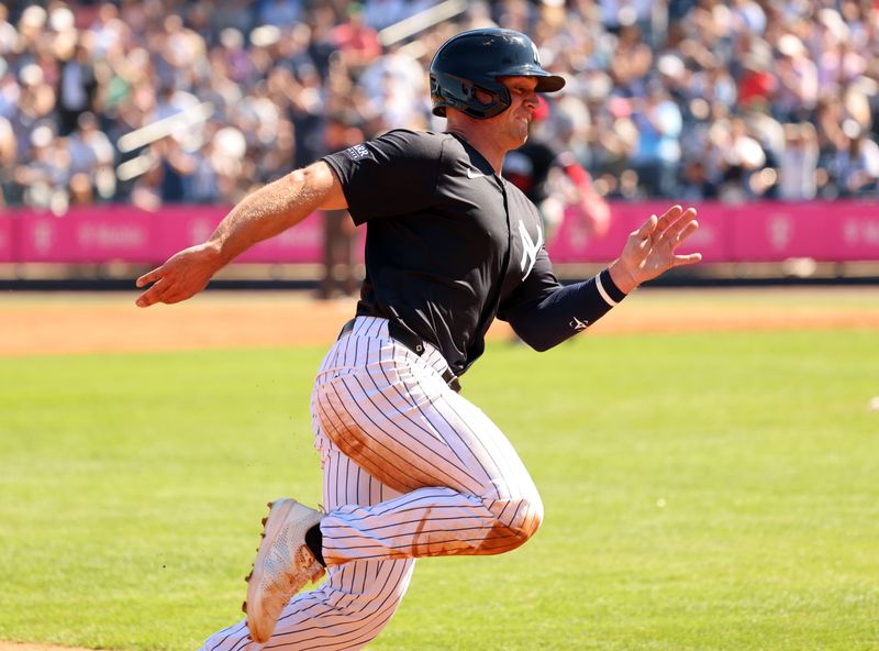 Feb 26, 2024; Tampa, Florida, USA;  New York Yankees catcher Ben Rortvedt (38) runs home to score a run against the Minnesota Twins during the  third inning at George M. Steinbrenner Field. Mandatory Credit: Kim Klement Neitzel-USA TODAY Sports