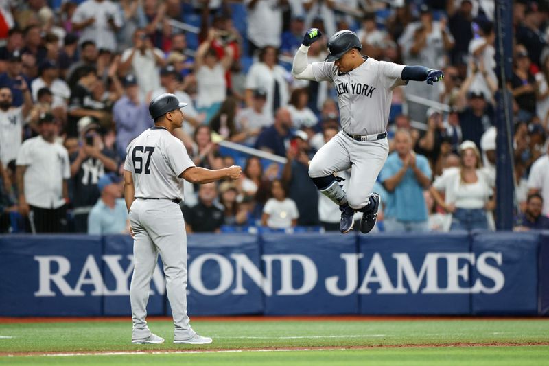 Jul 11, 2024; St. Petersburg, Florida, USA; New York Yankees outfielder Juan Soto (22) runs the bases after hitting a home run against the Tampa Bay Rays in the third inning  at Tropicana Field. Mandatory Credit: Nathan Ray Seebeck-USA TODAY Sports