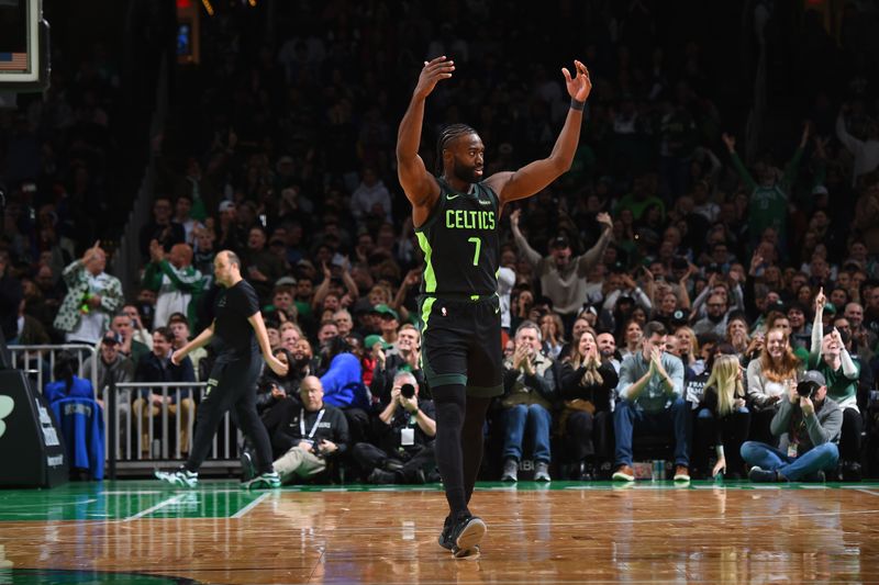 BOSTON, MA - NOVEMBER 25: Jaylen Brown #7 of the Boston Celtics celebrates during the game against the LA Clippers on November 25, 2024 at TD Garden in Boston, Massachusetts. NOTE TO USER: User expressly acknowledges and agrees that, by downloading and/or using this Photograph, user is consenting to the terms and conditions of the Getty Images License Agreement. Mandatory Copyright Notice: Copyright 2024 NBAE (Photo by Brian Babineau/NBAE via Getty Images)