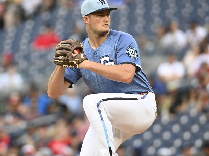 Apr 26, 2025; Washington, District of Columbia, USA; Washington Nationals starting pitcher Brad Lord (61) throws to the New York Mets during the second inning at Nationals Park. Mandatory Credit: Brad Mills-Imagn Images