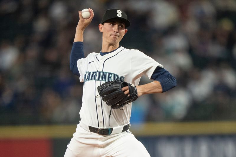 Jun 15, 2024; Seattle, Washington, USA; Seattle Mariners starter George Kirby (68) delivers a pitch during the first inning against the Texas Rangers at T-Mobile Park. Mandatory Credit: Stephen Brashear-USA TODAY Sports