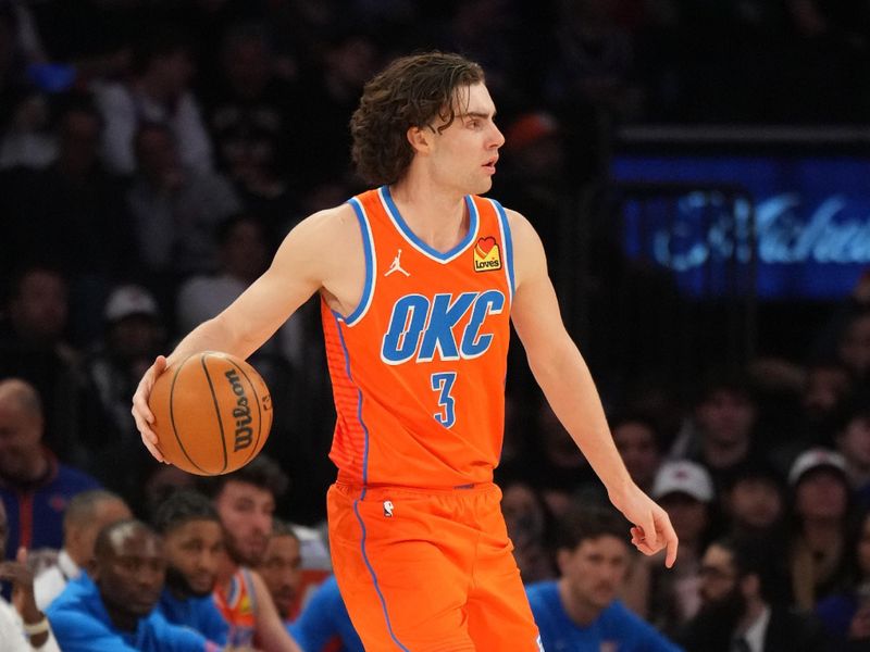 NEW YORK, NY - MARCH 31: Josh Giddey #3 of the Oklahoma City Thunder dribbles the ball during the game against the New York Knicks on March 31, 2024 at Madison Square Garden in New York City, New York.  NOTE TO USER: User expressly acknowledges and agrees that, by downloading and or using this photograph, User is consenting to the terms and conditions of the Getty Images License Agreement. Mandatory Copyright Notice: Copyright 2024 NBAE  (Photo by Jesse D. Garrabrant/NBAE via Getty Images)