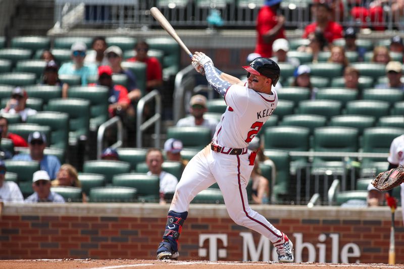 Jul 7, 2024; Atlanta, Georgia, USA; Atlanta Braves center fielder Jarred Kelenic (24) hits a three-run home run against the Philadelphia Phillies in the second inning at Truist Park. Mandatory Credit: Brett Davis-USA TODAY Sports
