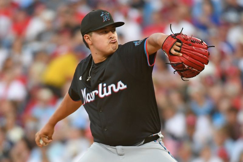 Aug 13, 2024; Philadelphia, Pennsylvania, USA; Miami Marlins pitcher Valente Bellozo (83) throws a pitch during the first inning against the Philadelphia Phillies at Citizens Bank Park. Mandatory Credit: Eric Hartline-USA TODAY Sports