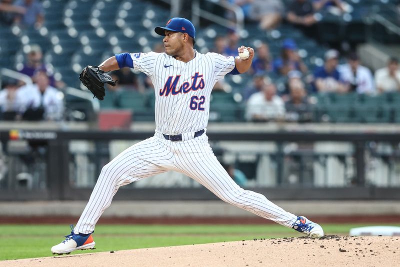 Jul 29, 2024; New York City, New York, USA;  New York Mets starting pitcher Jose Quintana (62) pitches in the first inning against the Minnesota Twins at Citi Field. Mandatory Credit: Wendell Cruz-USA TODAY Sports