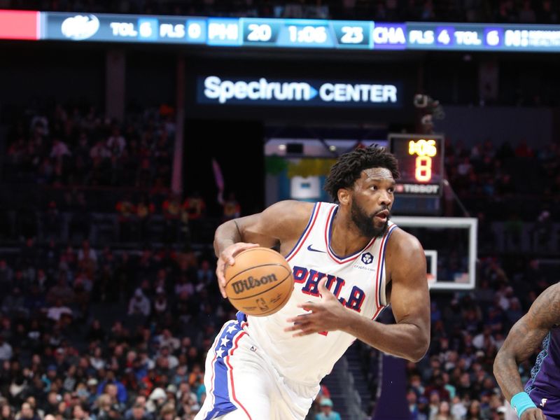 CHARLOTTE, NC - JANUARY 20:  Joel Embiid #21 of the Philadelphia 76ers goes to the basket during the game on January 20, 2024 at Spectrum Center in Charlotte, North Carolina. NOTE TO USER: User expressly acknowledges and agrees that, by downloading and or using this photograph, User is consenting to the terms and conditions of the Getty Images License Agreement.  Mandatory Copyright Notice:  Copyright 2024 NBAE (Photo by Brock Williams-Smith/NBAE via Getty Images)