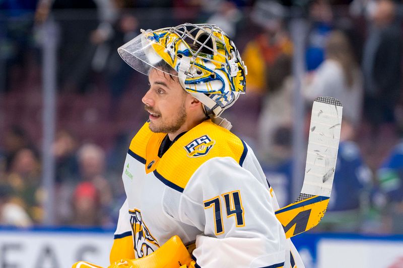 Apr 30, 2024; Vancouver, British Columbia, CAN; Nashville Predators goalie Juuse Saros (74) celebrates the victory against the Vancouver Canucks at the end of game five of the first round of the 2024 Stanley Cup Playoffs at Rogers Arena. Mandatory Credit: Bob Frid-USA TODAY Sports