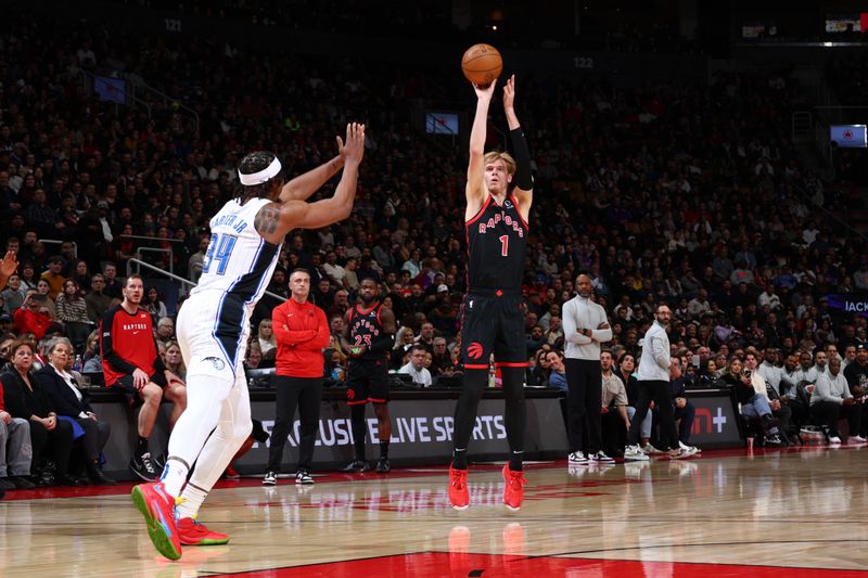 TORONTO, CANADA - JANUARY 3: Gradey Dick #1 of the Toronto Raptors shoots the ball during the game against the Orlando Magic on January 3, 2025 at the Scotiabank Arena in Toronto, Ontario, Canada.  NOTE TO USER: User expressly acknowledges and agrees that, by downloading and or using this Photograph, user is consenting to the terms and conditions of the Getty Images License Agreement.  Mandatory Copyright Notice: Copyright 2025 NBAE (Photo by Vaughn Ridley/NBAE via Getty Images)