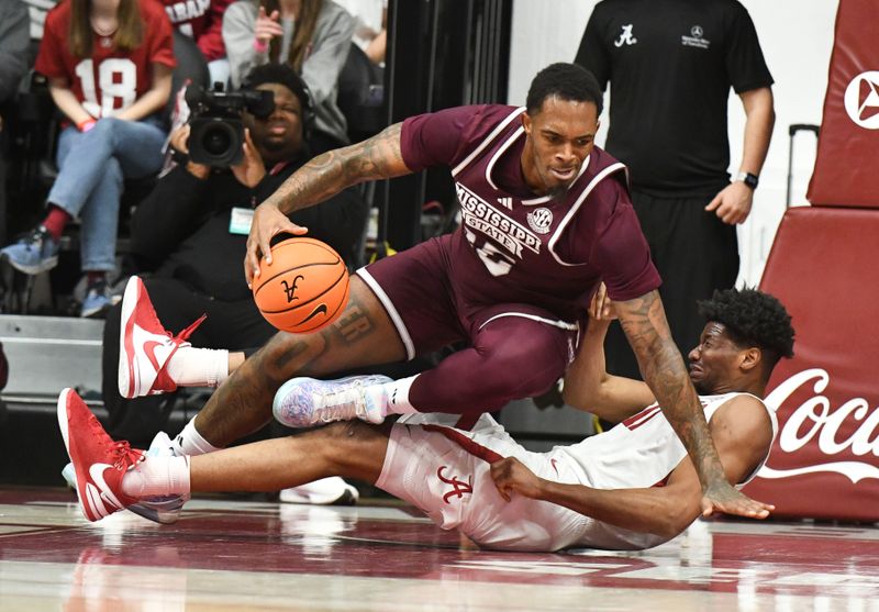 Feb 3, 2024; Tuscaloosa, Alabama, USA; Mississippi State forward Jimmy Bell Jr. (15) commits an offensive foul as he runs over Alabama forward Mohamed Wague (11) at Coleman Coliseum. Mandatory Credit: Gary Cosby Jr.-USA TODAY Sports