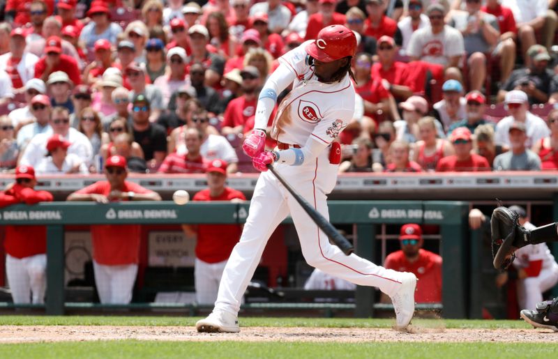 Jun 21, 2023; Cincinnati, Ohio, USA; Cincinnati Reds shortstop Elly De La Cruz (44) hits a double against the Colorado Rockies during the eighth inning at Great American Ball Park. Mandatory Credit: David Kohl-USA TODAY Sports