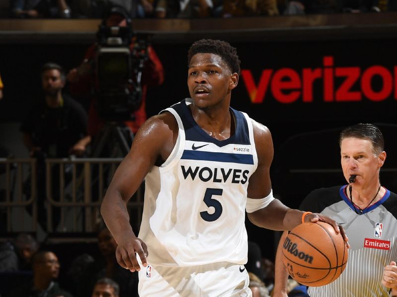 SAN FRANCISCO, CA - MAY 12: Anthony Edwards #5 of the Minnesota Timberwolves drives to the basket during the game against the Golden State Warriors during Round Two Game Four of the 2025 NBA Playoffs on MAY 12, 2025 at Chase Center in San Francisco, California. NOTE TO USER: User expressly acknowledges and agrees that, by downloading and or using this photograph, user is consenting to the terms and conditions of Getty Images License Agreement. Mandatory Copyright Notice: Copyright 2025 NBAE (Photo by Noah Graham/NBAE via Getty Images)
