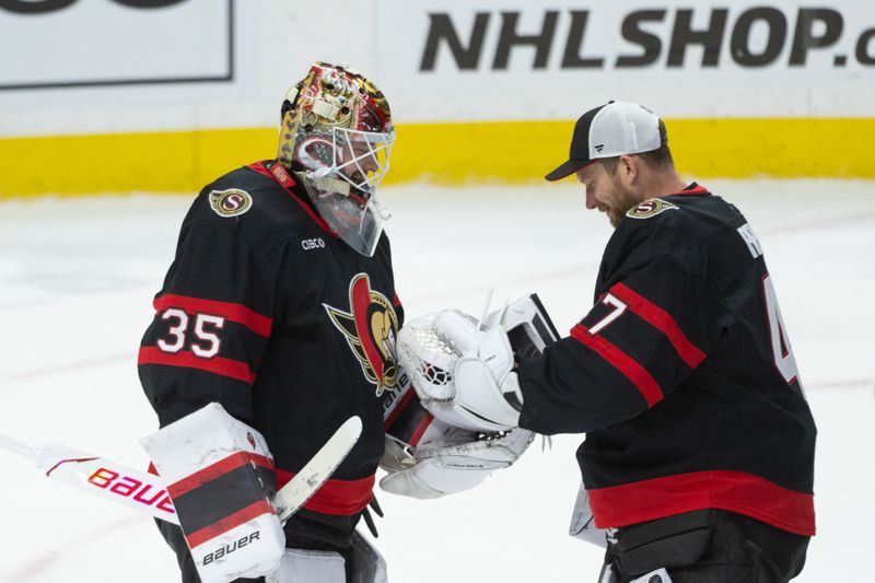 Mar 14, 2026; Ottawa, Ontario, CAN; Ottawa Senators goalie Linus Ullmark (35) received the game winning puck from James Reimers (47) following a shutout win agains the Anaheim Ducks at the Canadian Tire Centre. Mandatory Credit: Marc DesRosiers-IMAGN Images Mar 14, 2026; Ottawa, Ontario, CAN; Ottawa Senators goalie Linus Ullmark (35) received the game winning puck from James Reimers (47) following a shutout win agains the Anaheim Ducks at the Canadian Tire Centre. Mandatory Credit: Marc DesRosiers-IMAGN Images