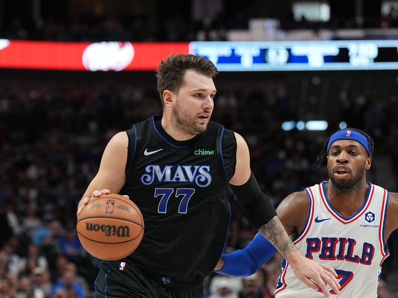 DALLAS, TX - MARCH 3: Luka Doncic #77 of the Dallas Mavericks drives to the basket during the game against the Philadelphia 76ers on March 3, 2024 at the American Airlines Center in Dallas, Texas. NOTE TO USER: User expressly acknowledges and agrees that, by downloading and or using this photograph, User is consenting to the terms and conditions of the Getty Images License Agreement. Mandatory Copyright Notice: Copyright 2024 NBAE (Photo by Glenn James/NBAE via Getty Images)