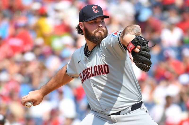 Jul 28, 2024; Philadelphia, Pennsylvania, USA; Cleveland Guardians pitcher Hunter Gaddis (33) throws a pitch against the Philadelphia Phillies during the seventh inning at Citizens Bank Park. Mandatory Credit: Eric Hartline-USA TODAY Sports