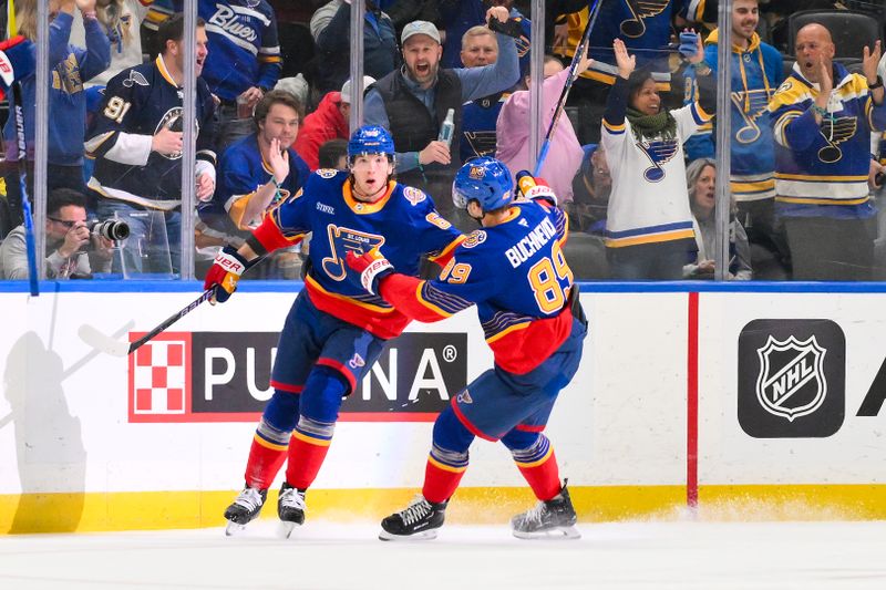 Jan 29, 2026; St. Louis, Missouri, USA; St. Louis Blues left wing Jake Neighbours (63) celebrates with left wing Pavel Buchnevich (89) after scoring against the Florida Panthers during the first period at Enterprise Center. Mandatory Credit: Jeff Curry-Imagn Images