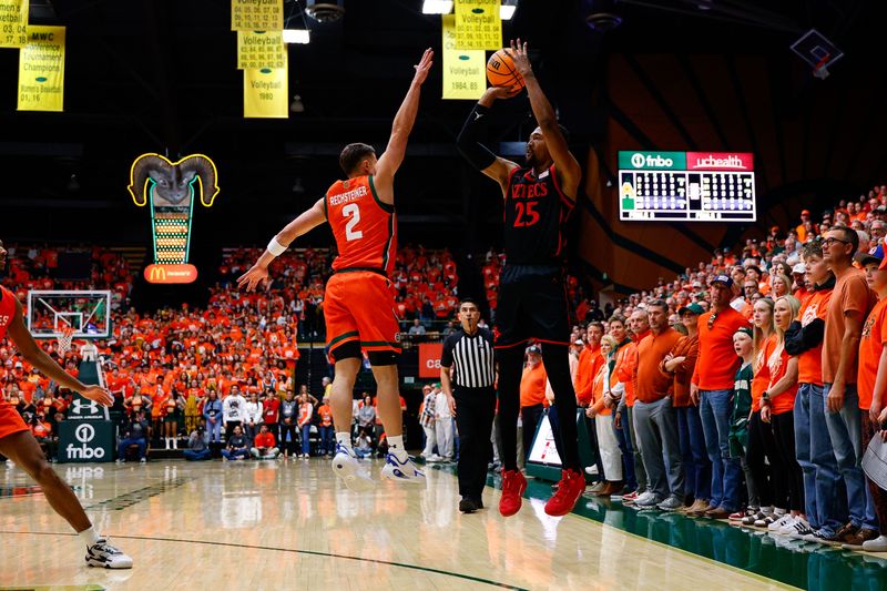 Feb 21, 2026; Fort Collins, Colorado, USA; San Diego State Aztecs forward Jeremiah Oden (25) attempts a shot under pressure from Colorado State Rams guard Brandon Rechsteiner (2) in the first half at Moby Arena. Mandatory Credit: Isaiah J. Downing-Imagn Images