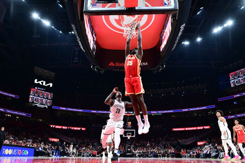 ATLANTA, GA - OCTOBER 23: Clint Capela #15 of the Atlanta Hawks dunks the ball during the game against the Brooklyn Nets on October 23, 2024 at State Farm Arena in Atlanta, Georgia.  NOTE TO USER: User expressly acknowledges and agrees that, by downloading and/or using this Photograph, user is consenting to the terms and conditions of the Getty Images License Agreement. Mandatory Copyright Notice: Copyright 2024 NBAE (Photo by Adam Hagy/NBAE via Getty Images)