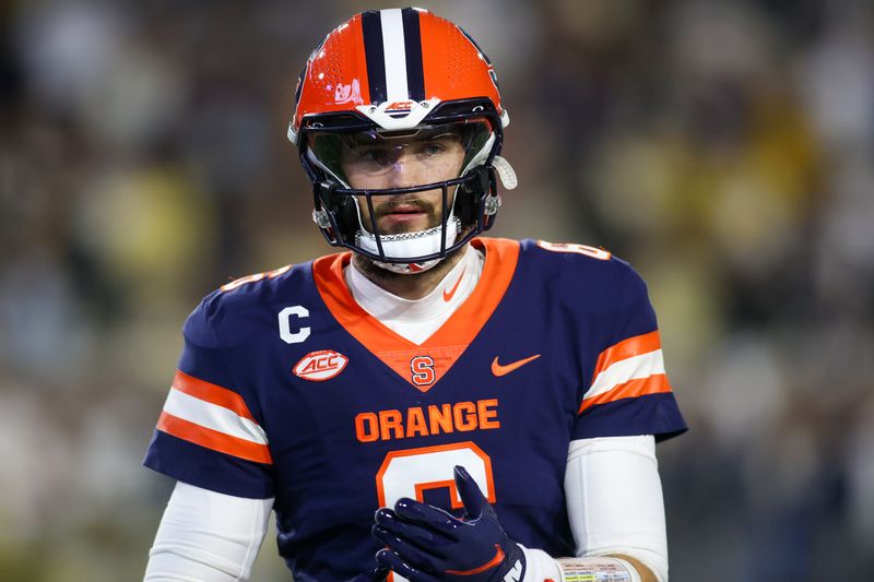 Nov 18, 2023; Atlanta, Georgia, USA; Syracuse Orange quarterback Garrett Shrader (6) on the sideline against the Georgia Tech Yellow Jackets in the second half at Bobby Dodd Stadium at Hyundai Field. Mandatory Credit: Brett Davis-USA TODAY Sports