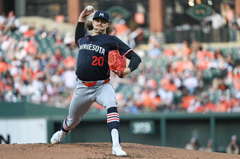 Apr 16, 2024; Baltimore, Maryland, USA;  Minnesota Twins pitcher Chris Paddack (20) throws a second inning pitch against the Baltimore Orioles at Oriole Park at Camden Yards. Mandatory Credit: Tommy Gilligan-USA TODAY Sports