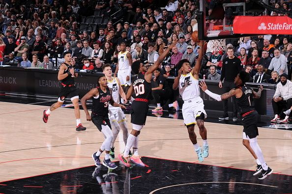 PORTLAND, OR - DECEMBER 14:  Colin Sexton #2 of the Utah Jazz goes to the basket during the game on December 14, 2023 at the Moda Center Arena in Portland, Oregon. NOTE TO USER: User expressly acknowledges and agrees that, by downloading and or using this photograph, user is consenting to the terms and conditions of the Getty Images License Agreement. Mandatory Copyright Notice: Copyright 2023 NBAE (Photo by Cameron Browne/NBAE via Getty Images)