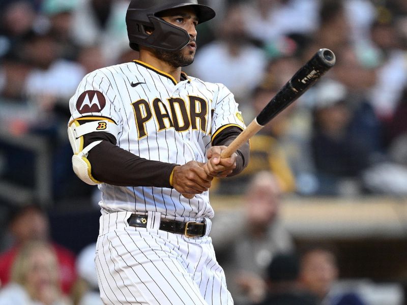 Jun 15, 2023; San Diego, California, USA; San Diego Padres center fielder Trent Grisham (1) watches his RBI double during the fifth inning against the Cleveland Guardians at Petco Park. Mandatory Credit: Orlando Ramirez-USA TODAY Sports