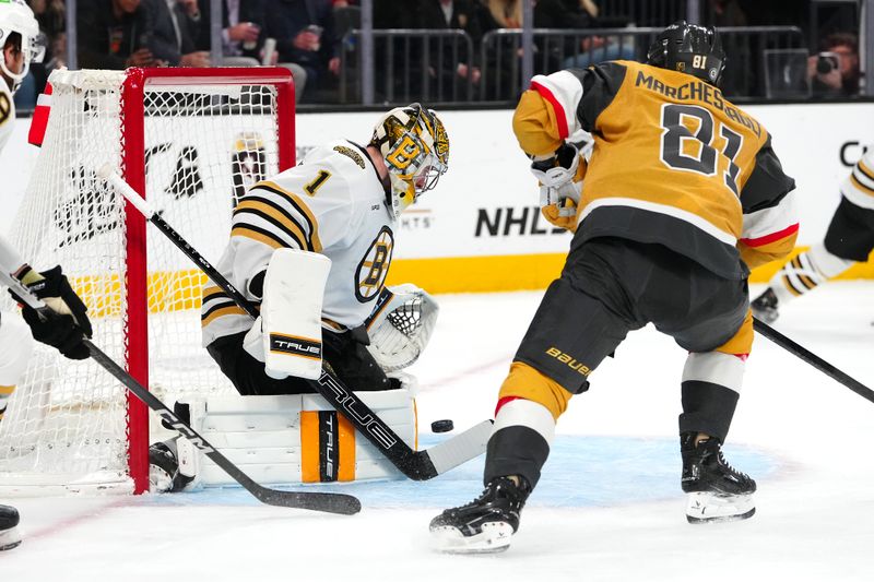 Jan 11, 2024; Las Vegas, Nevada, USA; Boston Bruins goaltender Jeremy Swayman (1) makes a save as Vegas Golden Knights right wing Jonathan Marchessault (81) looks for a rebound during the second period at T-Mobile Arena. Mandatory Credit: Stephen R. Sylvanie-USA TODAY Sports