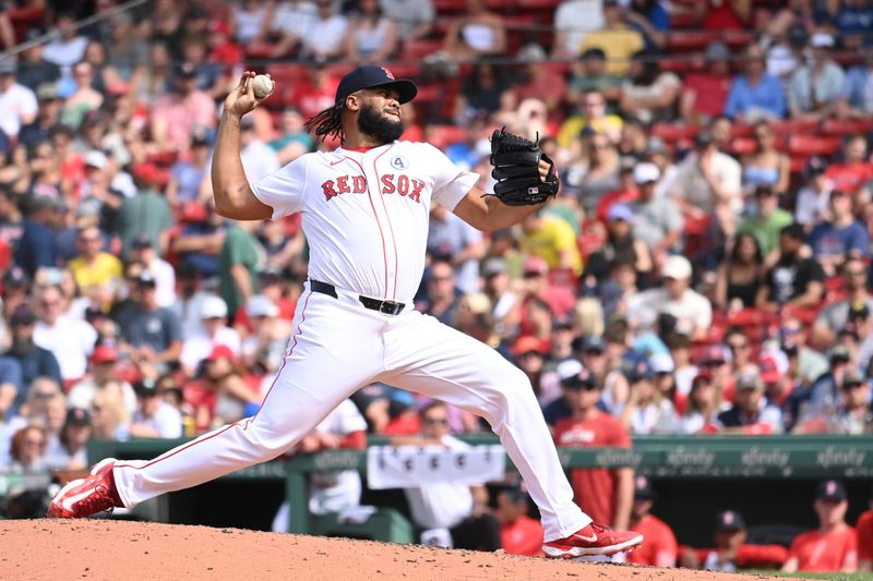 Jun 2, 2024; Boston, Massachusetts, USA;  Boston Red Sox pitcher Kenley Jansen (74) pitches against the Detroit Tigers during the ninth inning at Fenway Park. Mandatory Credit: Eric Canha-USA TODAY Sports