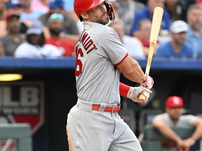 Aug 12, 2023; Kansas City, Missouri, USA;  St. Louis Cardinals first baseman Paul Goldschmidt (46) singles in the third inning against the Kansas City Royals at Kauffman Stadium. Mandatory Credit: Peter Aiken-USA TODAY Sports