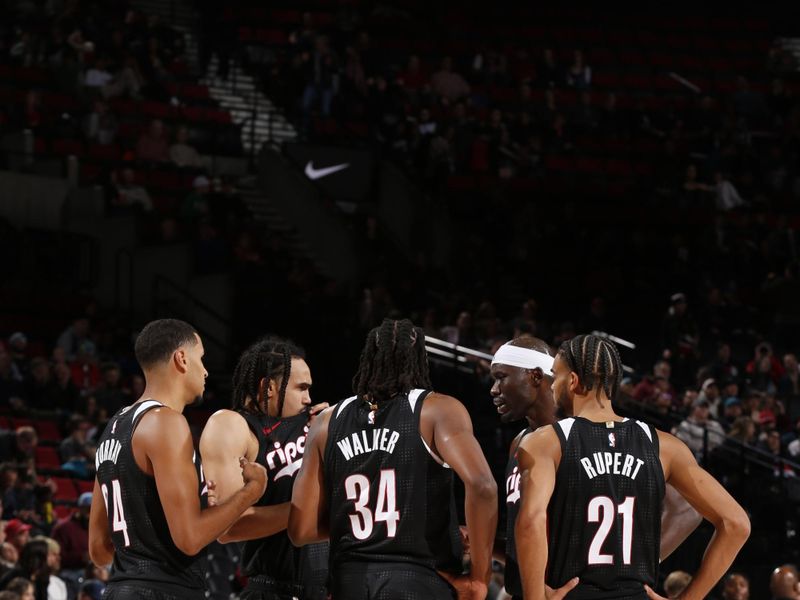 PORTLAND, OR - DECEMBER 6: The Portland Trail Blazers huddle up during the game against the Utah Jazz on December 6, 2024 at the Moda Center Arena in Portland, Oregon. NOTE TO USER: User expressly acknowledges and agrees that, by downloading and or using this photograph, user is consenting to the terms and conditions of the Getty Images License Agreement. Mandatory Copyright Notice: Copyright 2024 NBAE (Photo by Cameron Browne/NBAE via Getty Images)