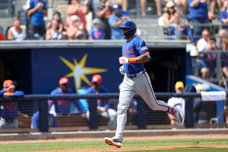 Mar 1, 2025; Port Charlotte, Florida, USA; New York Mets outfielder Jose Siri (19) runs the bases after hitting a three run home run against the Tampa Bay Rays in the third inning during spring training at Charlotte Sports Park. Mandatory Credit: Nathan Ray Seebeck-Imagn Images