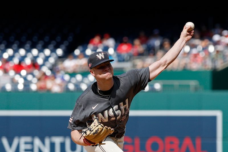 Jun 15, 2024; Washington, District of Columbia, USA;  Washington Nationals starting pitcher DJ Herz (74) pitches against the Miami Marlins during the first inning at Nationals Park. Mandatory Credit: Geoff Burke-USA TODAY Sports