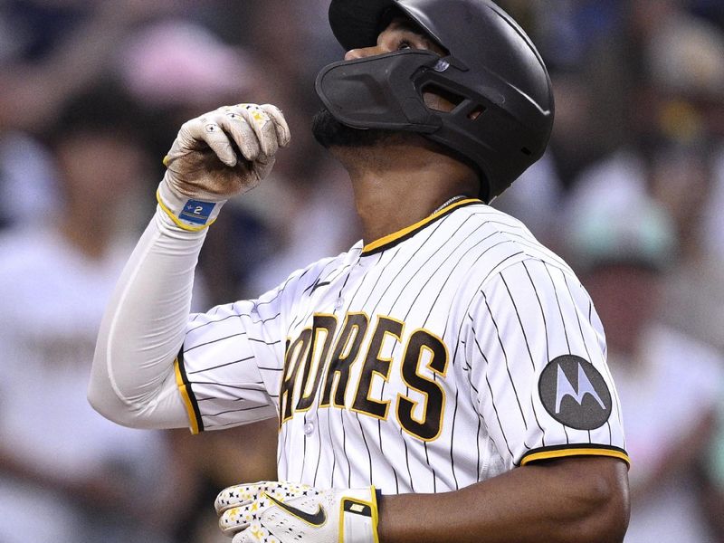 Aug 19, 2023; San Diego, California, USA; San Diego Padres shortstop Xander Bogaerts (2) celebrates after hitting a home run against the Arizona Diamondbacks during the fifth inning at Petco Park. Mandatory Credit: Orlando Ramirez-USA TODAY Sports