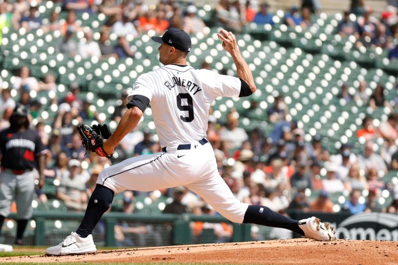 Apr 14, 2024; Detroit, Michigan, USA; Detroit Tigers pitcher Jack Flaherty (9) throws during the game against the Minnesota Twins at Comerica Park. Mandatory Credit: Brian Bradshaw Sevald-USA TODAY Sports