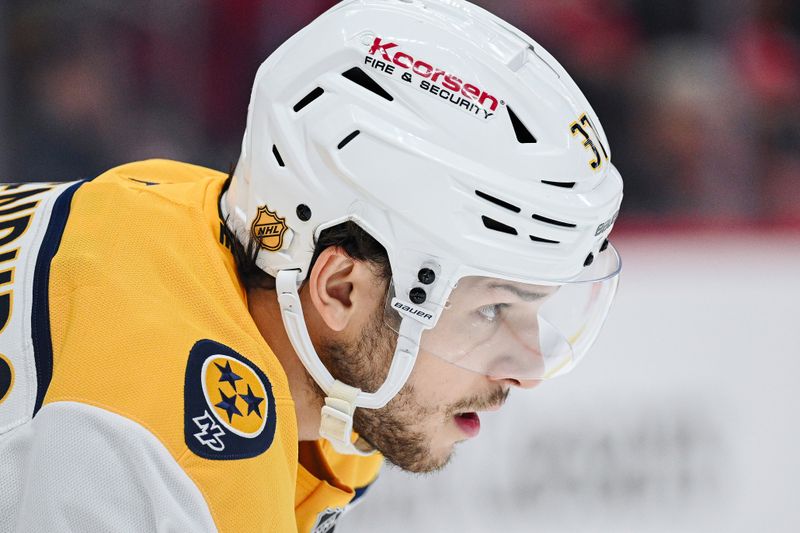 Nov 26, 2025; Detroit, Michigan, USA; Nashville Predators defenseman Nick Blankenburg (37) during the second period against the Detroit Red Wings at Little Caesars Arena. Mandatory Credit: Tim Fuller-Imagn Images