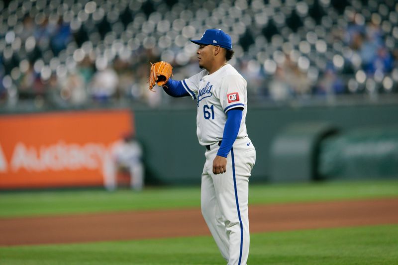 Apr 10, 2024; Kansas City, Missouri, USA; Kansas City Royals pitcher Angel Zerpa (61) looks on at Kauffman Stadium. Mandatory Credit: William Purnell-USA TODAY Sports