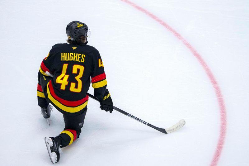 Jan 21, 2025; Vancouver, British Columbia, CAN; Vancouver Canucks defenseman Quinn Hughes (43) rests during warm up prior to a game against the Buffalo Sabres at Rogers Arena. Mandatory Credit: Bob Frid-Imagn Images