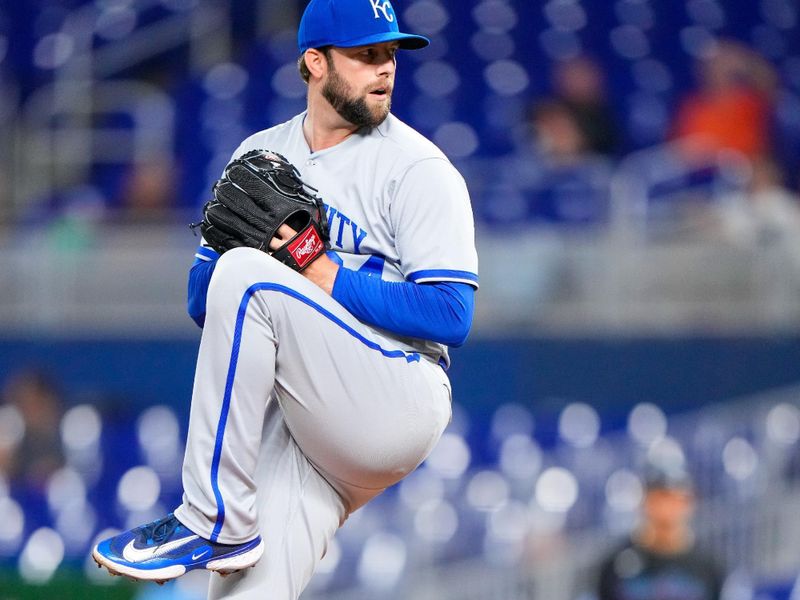 Jun 7, 2023; Miami, Florida, USA; Kansas City Royals starting pitcher Jordan Lyles (24) throws a pitch against the Miami Marlins during the first inning at loanDepot Park. Mandatory Credit: Rich Storry-USA TODAY Sports