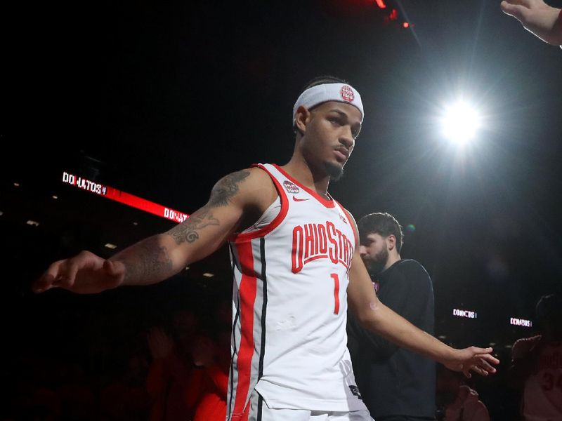 Jan 20, 2024; Columbus, Ohio, USA;  Ohio State Buckeyes guard Roddy Gayle Jr. (1) enters the court before the game against the Penn State Nittany Lions at Value City Arena. Mandatory Credit: Joseph Maiorana-USA TODAY Sports