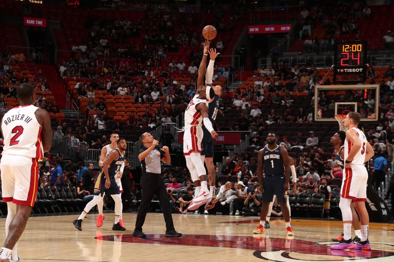 MIAMI, FL - OCTOBER 13: Tip off between the New Orleans Pelicans and the Miami Heat during a NBA pre season game on October 13, 2024 at Kaseya Center in Miami, Florida. NOTE TO USER: User expressly acknowledges and agrees that, by downloading and or using this Photograph, user is consenting to the terms and conditions of the Getty Images License Agreement. Mandatory Copyright Notice: Copyright 2024 NBAE (Photo by Issac Baldizon/NBAE via Getty Images)