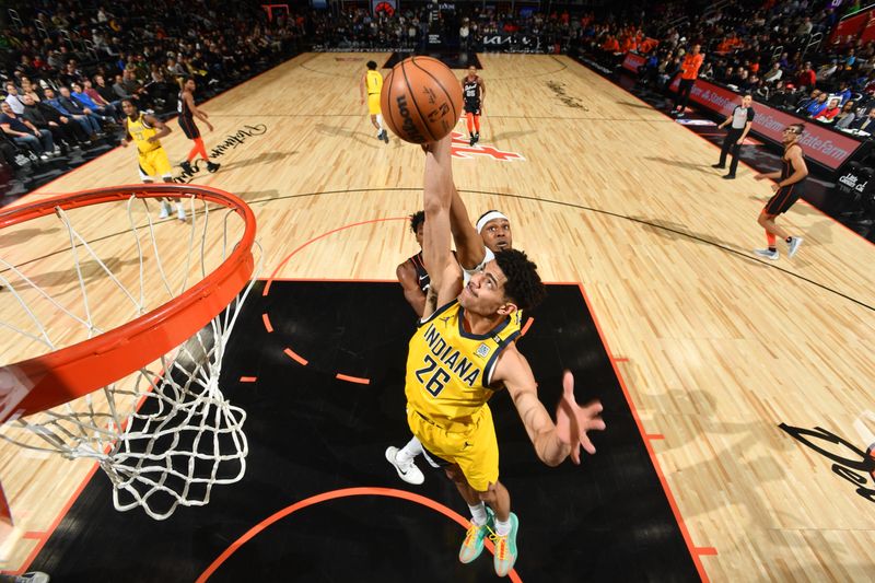 DETROIT, MI - MARCH 20: Ben Sheppard #26 of the Indiana Pacers rebounds the ball during the game against the Detroit Pistons on March 20, 2024 at Little Caesars Arena in Detroit, Michigan. NOTE TO USER: User expressly acknowledges and agrees that, by downloading and/or using this photograph, User is consenting to the terms and conditions of the Getty Images License Agreement. Mandatory Copyright Notice: Copyright 2024 NBAE (Photo by Chris Schwegler/NBAE via Getty Images)