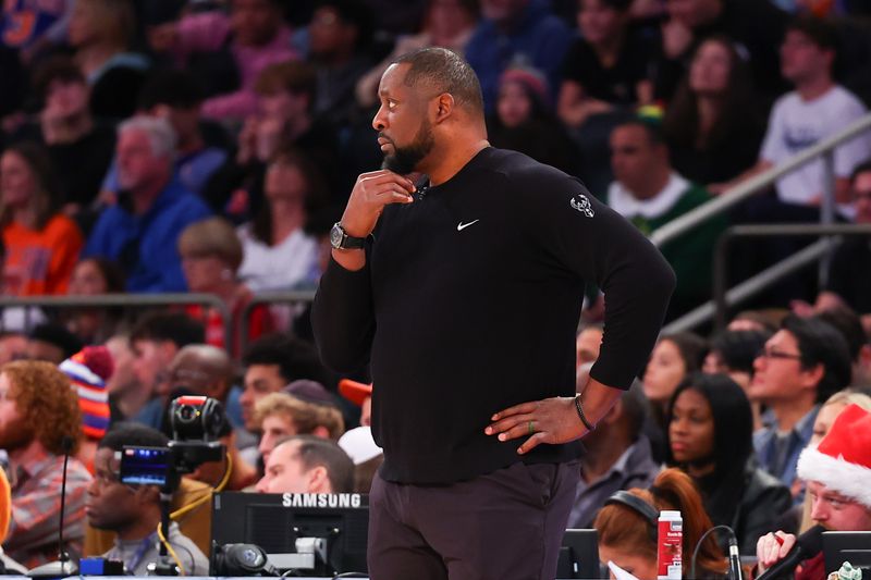 NEW YORK, NEW YORK - DECEMBER 25:  Adrian Griffin head coach of the Milwaukee Bucks looks on during the fourth quarter against the New York Knicks at Madison Square Garden on December 25, 2023 in New York City.  NOTE TO USER: User expressly acknowledges and agrees that, by downloading and or using this photograph, User is consenting to the terms and conditions of the Getty Images License Agreement. (Photo by Rich Graessle/Getty Images)